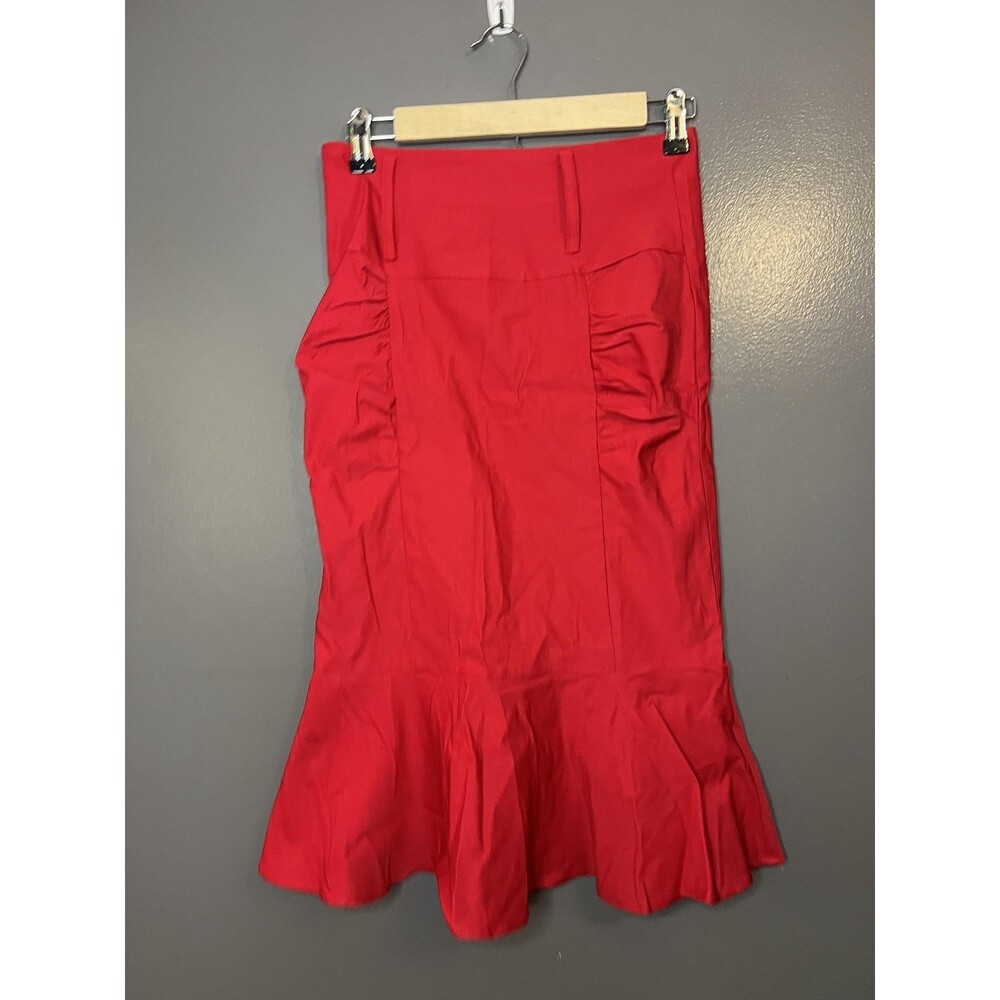 Belle Poque Skirt Womens 4 Red Trumpet Midi High Waist Ruffle Hem Stretch Retro